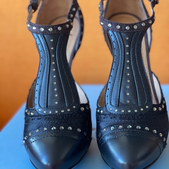 LANVIN blk & brn satin & leather with rhinestones HEELS with a buckle shoes ๐HP - Picture 6 of 13